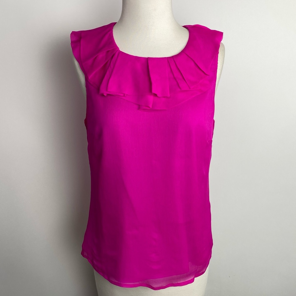 J. CREW Bright Pink Silk Shell Women's Top With Pleated Collar Textured Silk 4